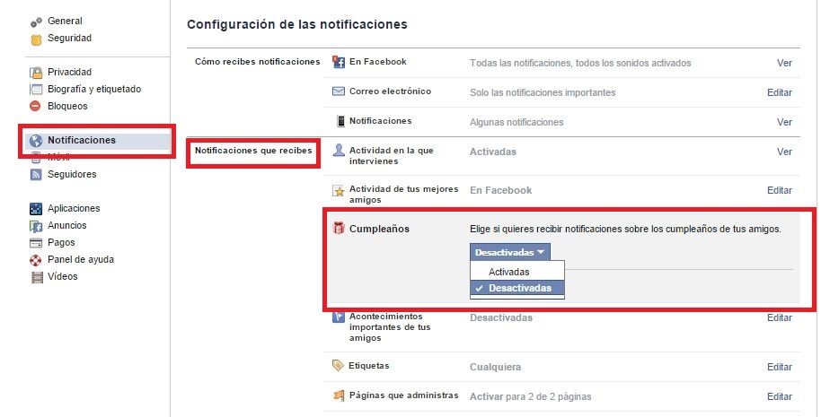 Como activar o desactivar las notificaciones de cumpleaños en Facebook de tu perfil.