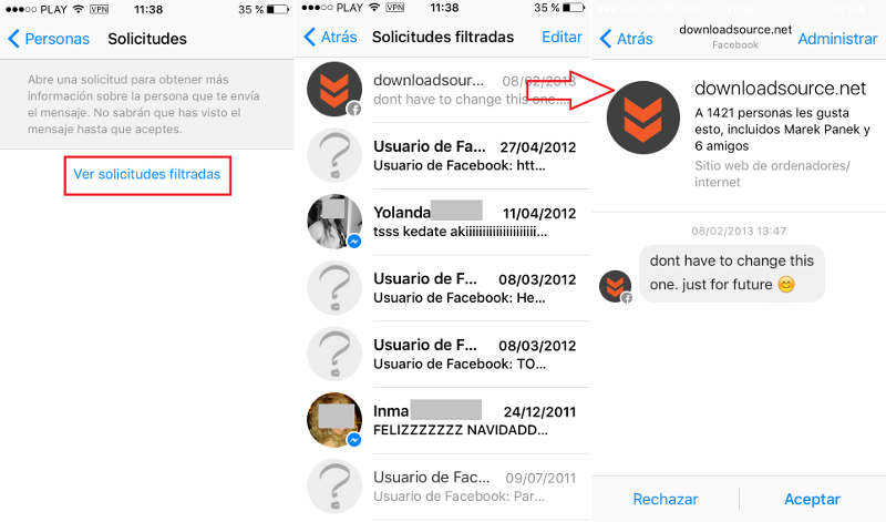 Mensajes secretos de desconocidos en la app Facebook messenger