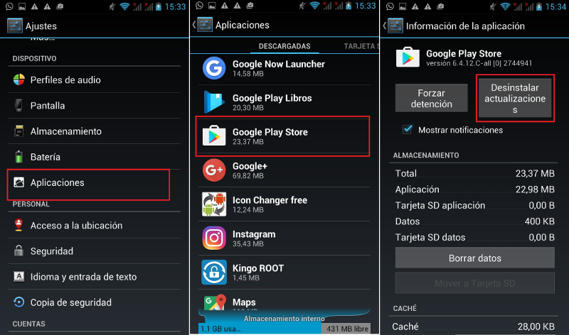Desinstalar actualizaciones de Google Play Store que soluciones los problemas en Android