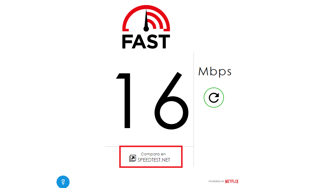velocidad de descarga de tu conexión a internet con fast.com de Netflix
