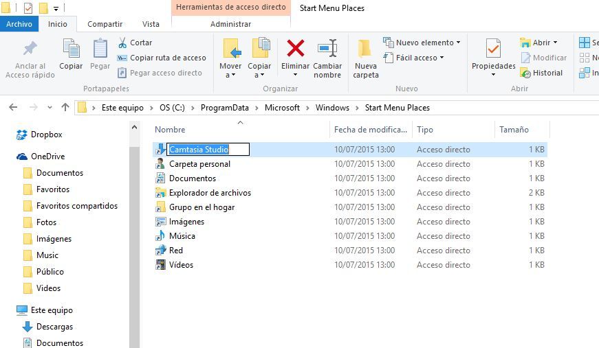 Cambiar el nombre de las carpetas y programas anclados en el menu de inicio de windows 10