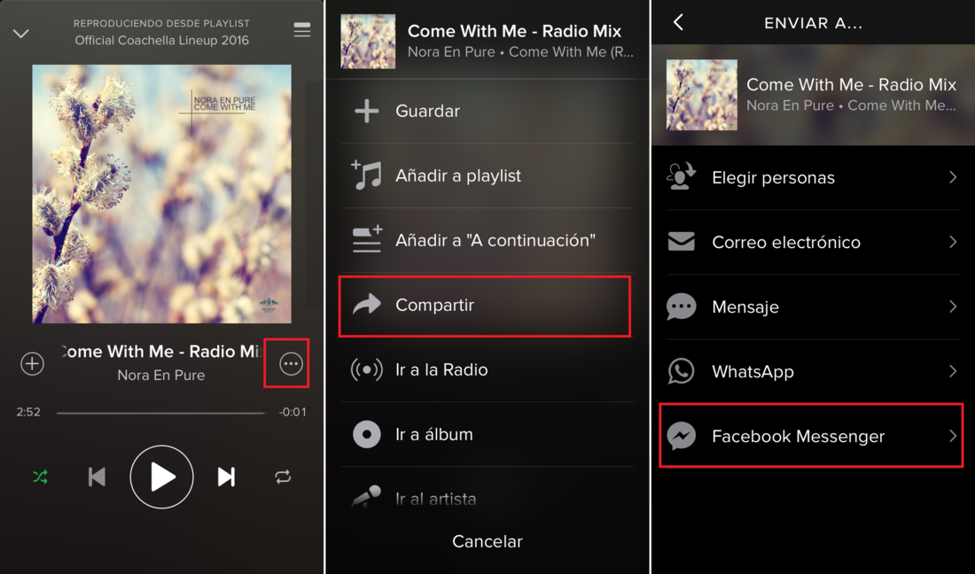 Compartir la musica de la app Spotify directamente en la app Facebook Messenger