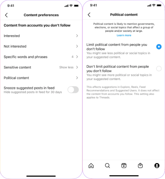 activar o desactivar el filtro de contenido político en Instagram