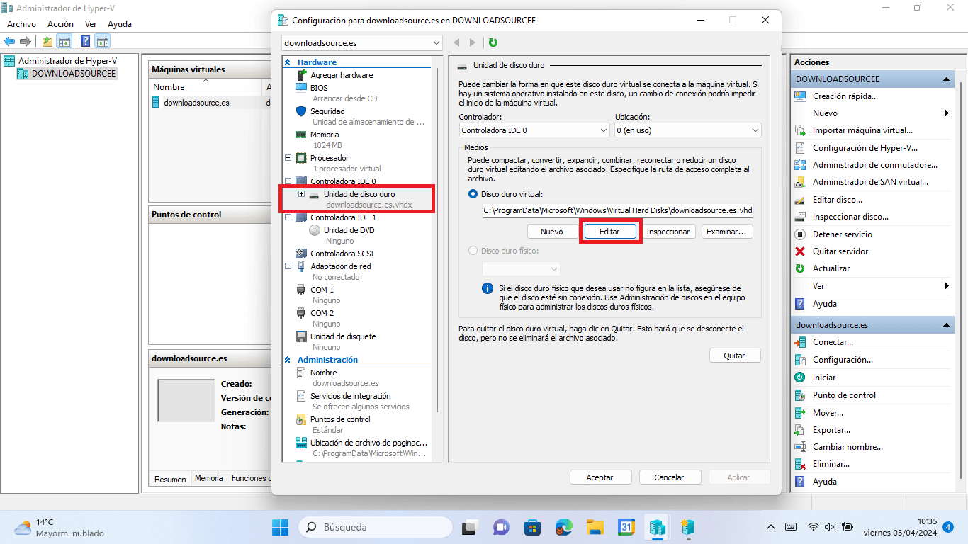 cambiar la dimension del disco duro virtual hyper-v windows 11