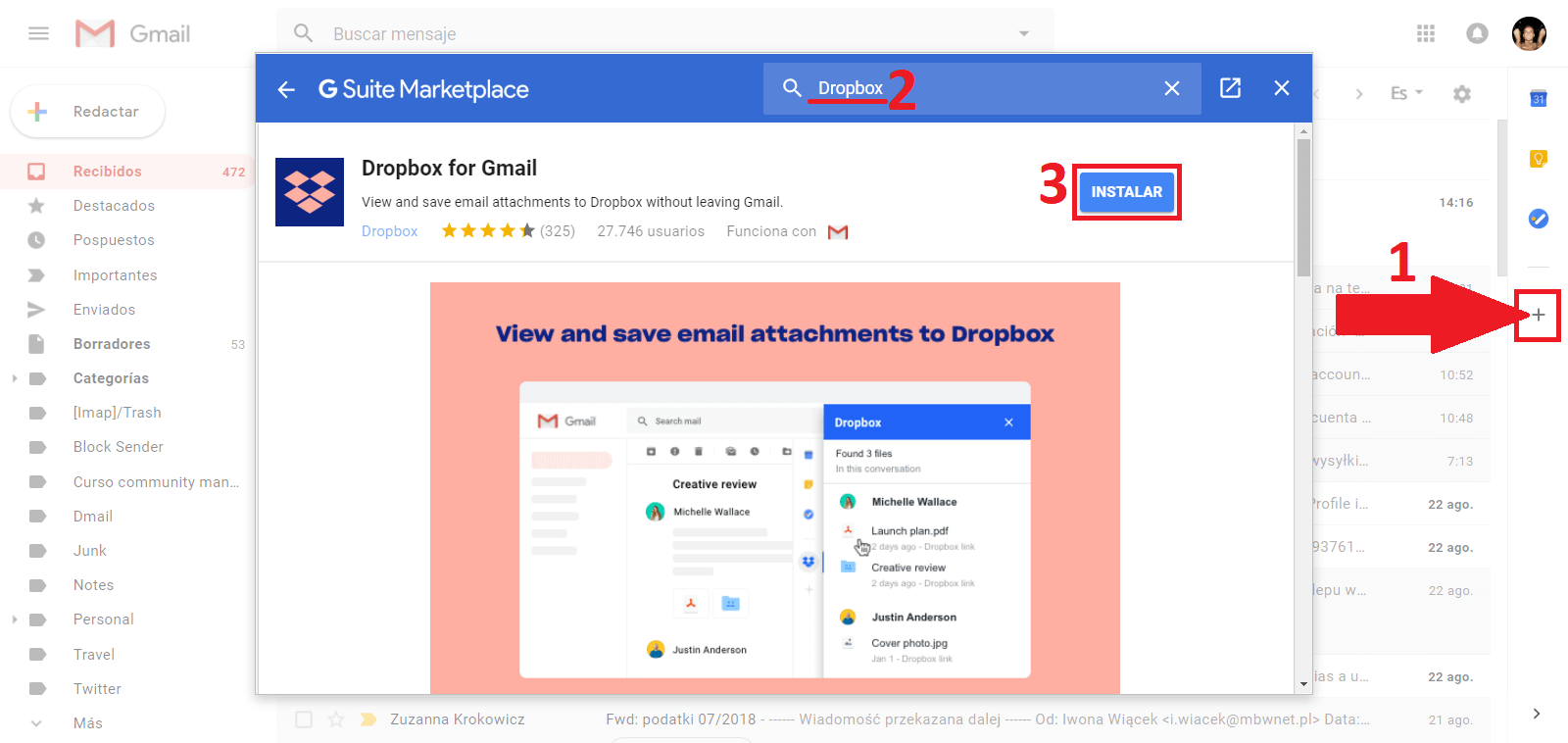 almacenar archivos adjuntos de gmail en dropbox