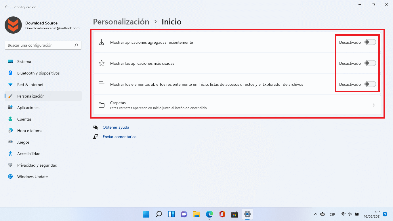 como desactivar las recomendaciones del menú de inicio de Windows 11