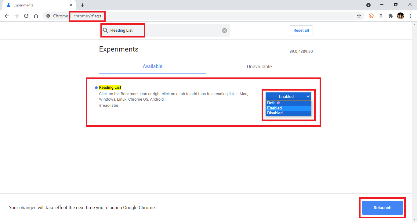 activa la sección lista de lectura del navegador Google Chrome