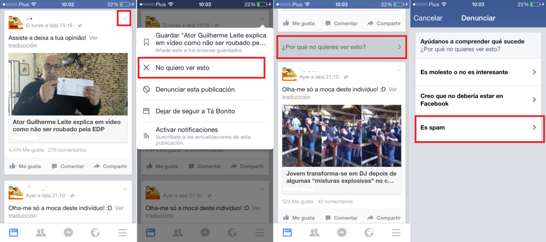 Como reprotar spam en Facebook desde la versión móvil.