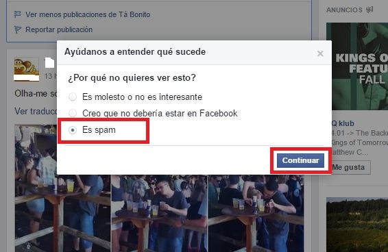 Como reportar un post como Spam o falso en Facebook