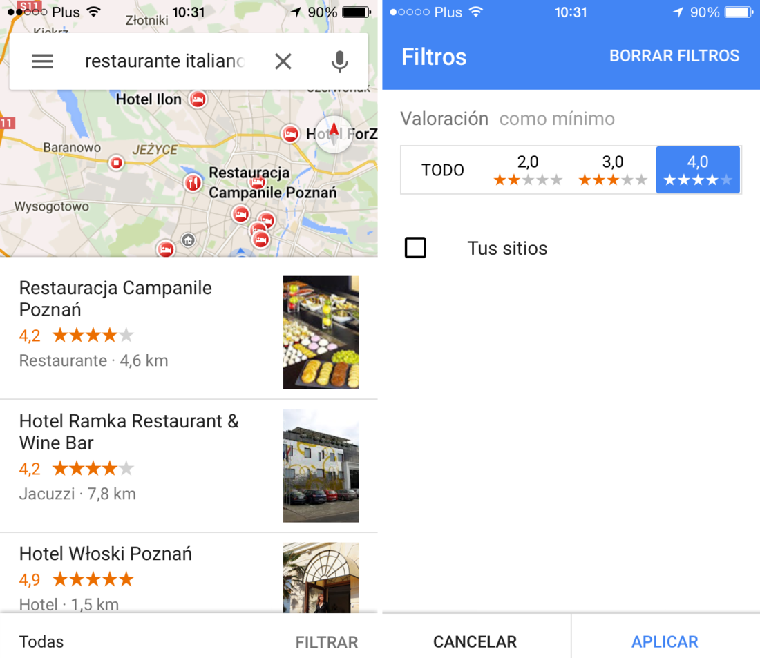 Filtrar restaurantes en google maps por valoración