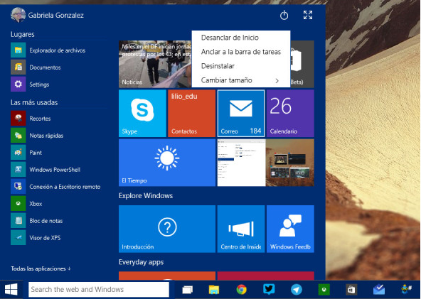 Como cambiar el tamaño y anclar baldosas en el menú de inicio de Windows 10