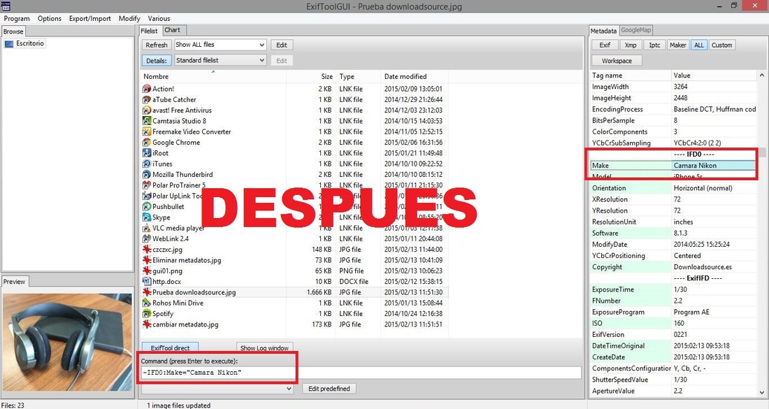 Como cambiar los valores de los metadatos de una fotografia en tu ordenador con Windows gracias a ExifTool