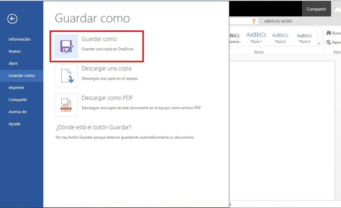 Guardar archivos de Office directamente en OneDrive