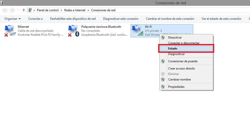 Estado del adaptador Wifi en el sistema operativo Windows