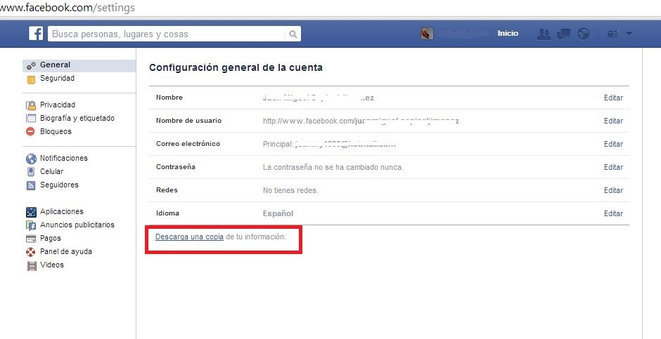 red social, facebook, copia de seguridad, descargar información,