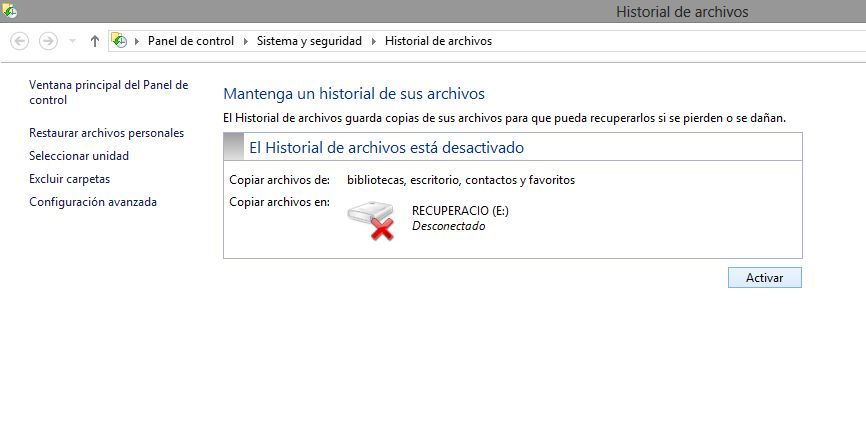 activar, historial de archivos,