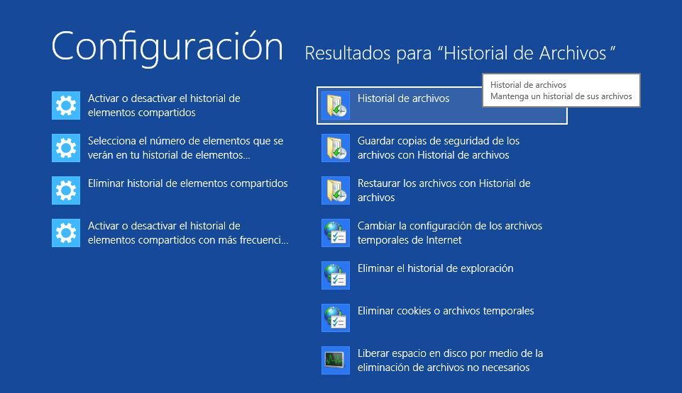 Windows 8, historial de archivos, buscar,