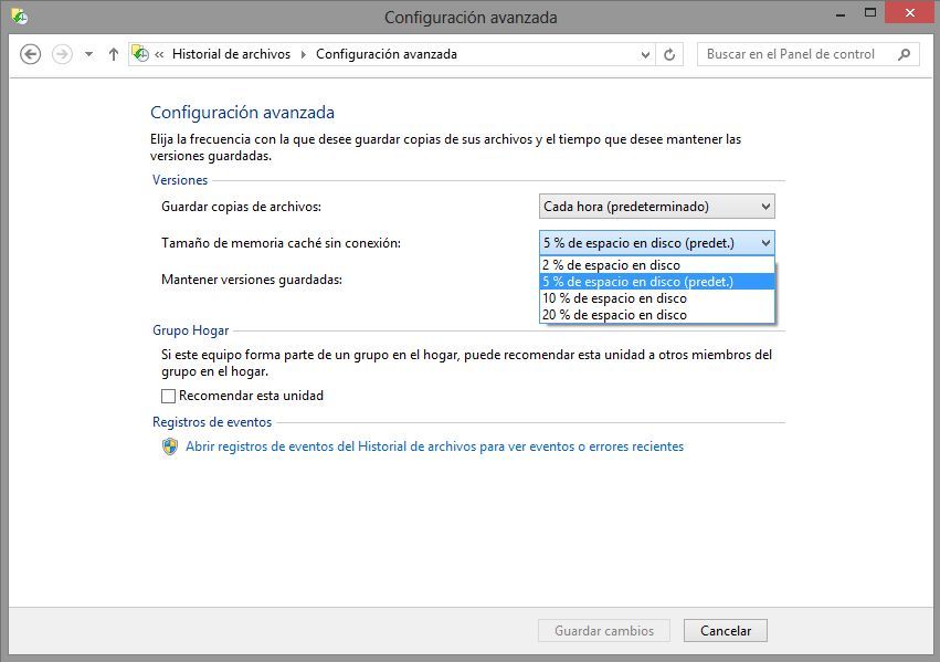 windows 8, historial de archivos, configuracion avanzada,