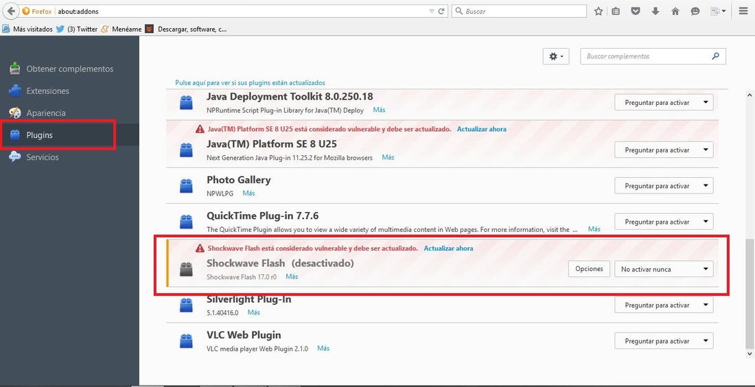 Eliminar pluging flash player en tu navegador Mozilla Firefox