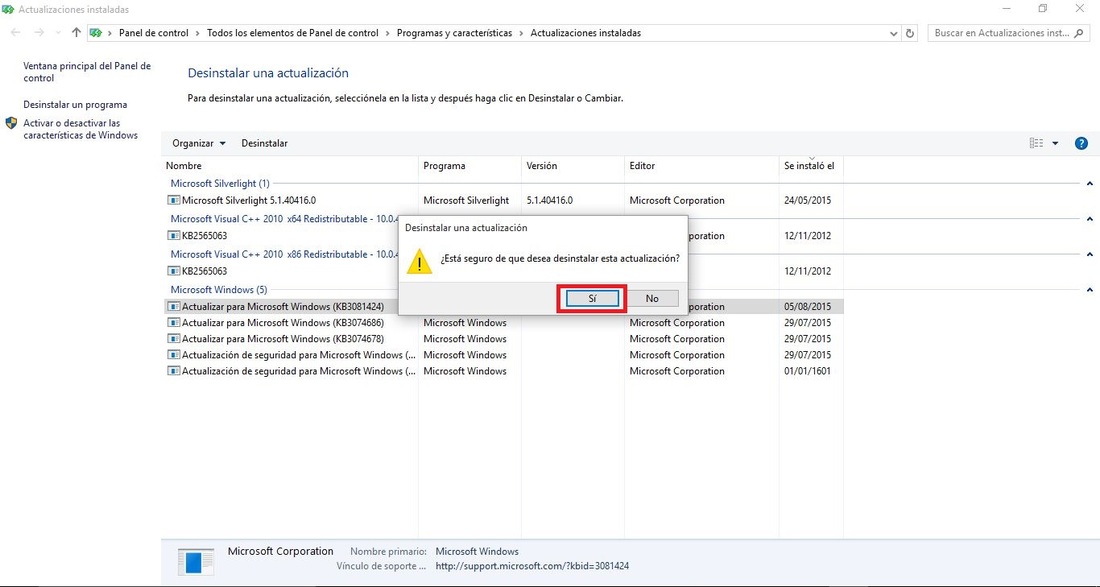Desinstalar actualizaciones de Windows 10
