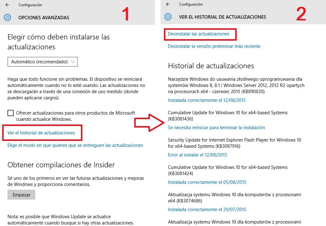 Borrar actualizaciones instaladas en windows 10