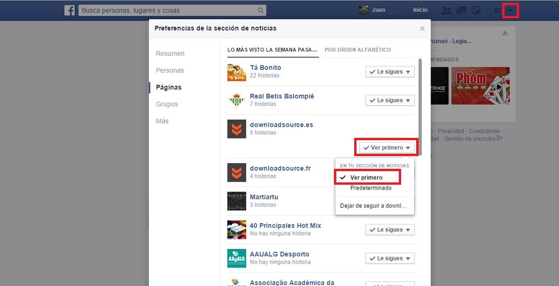 Preferencias en el feed de Facebook para mostrar primero el de tus amigos o paginas favoritas
