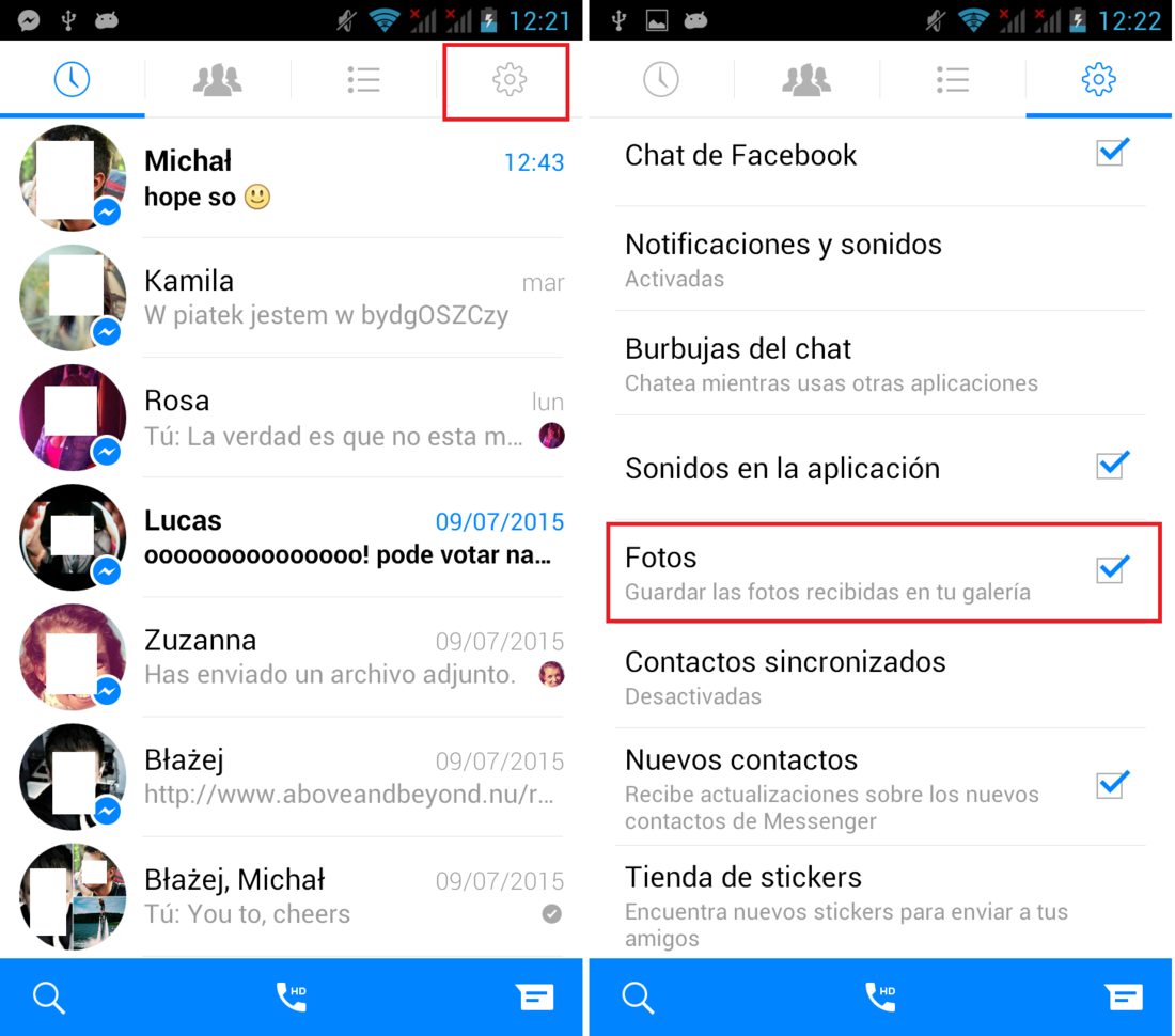 guardar fotos en tu carrete o galeria de tu dispositivo procedentes de la app Messenger