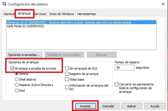 Windows 10 arranque en modo seguro