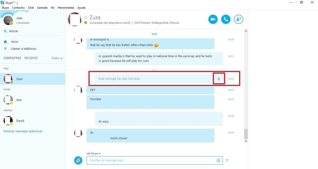 borrar mensaje reciente de Skype