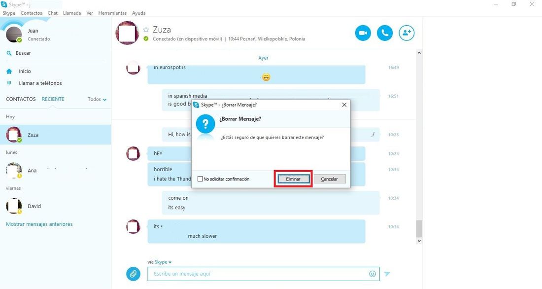 como borrar mensajes enviados recientemente en skype