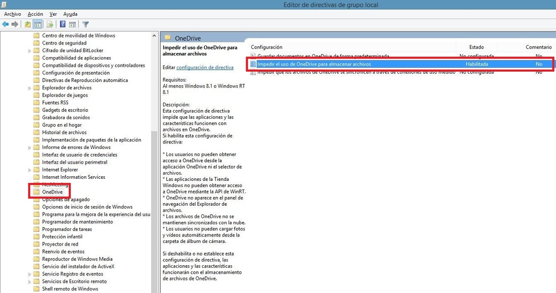 editor de directivas para desactivar la opcion OneDrive en windows 10 Pro