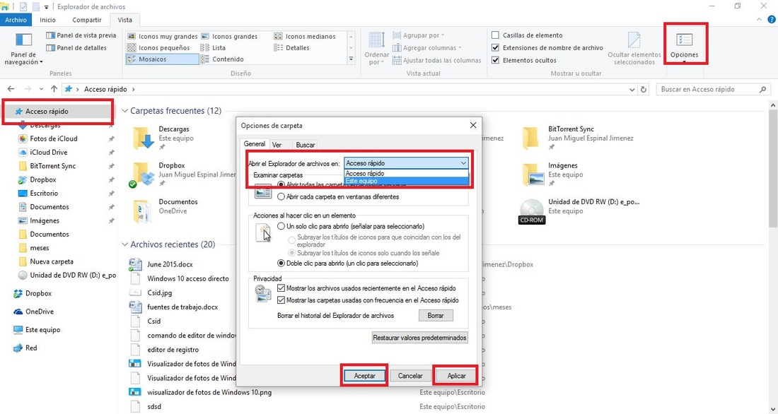 Windows 10 visualización Acceso directo en el explorador de archivos