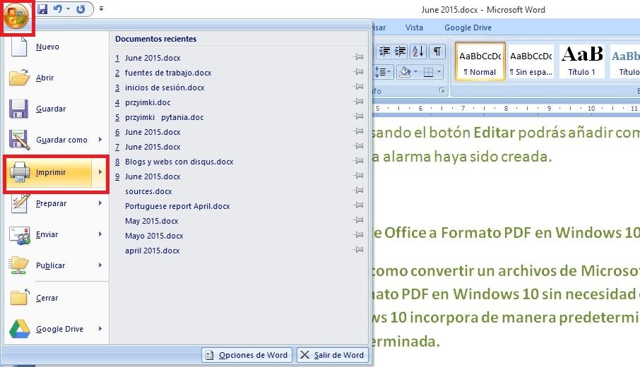 Conversión de archivos office a PDF de manera predeterminada en Windows 10