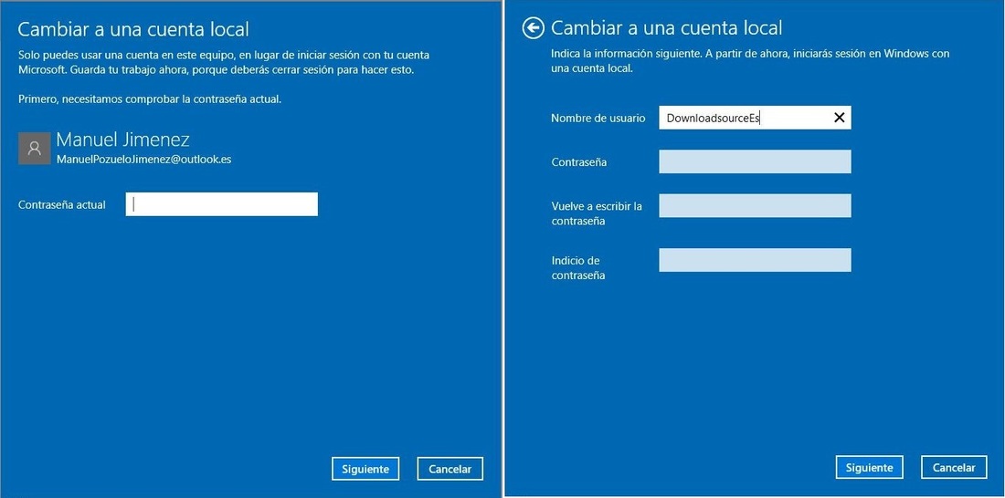 Usar cuenta local en Windows 10 desde una cuenta de Microsoft