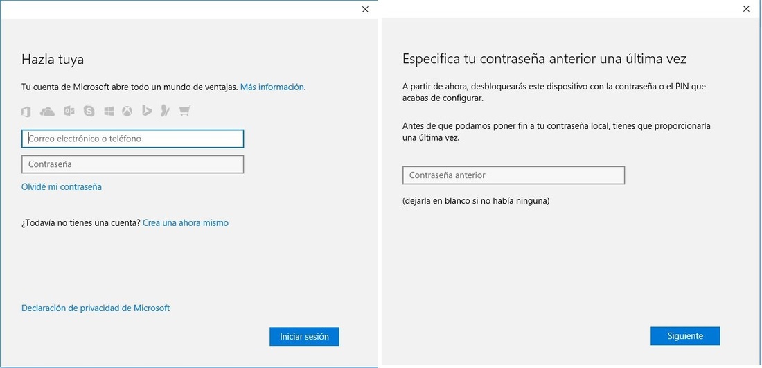 Usa cuenta de microsoft en Windows 10