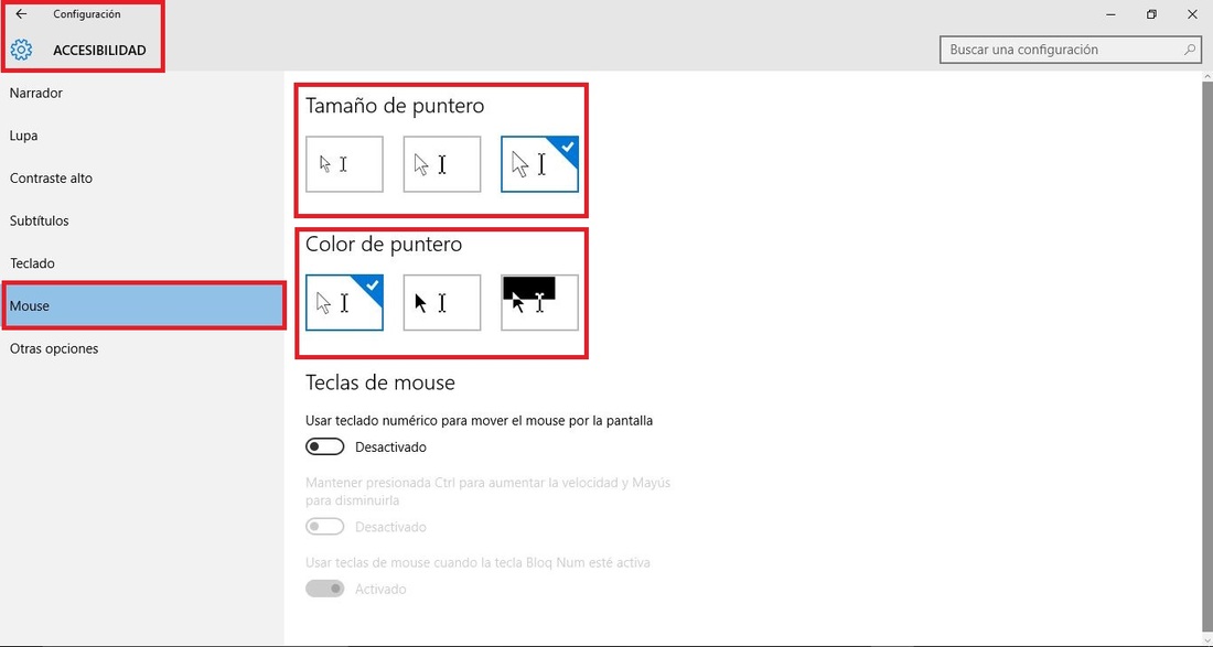 Como personalizar el tamaño y color del puntero del raton en Windows 10