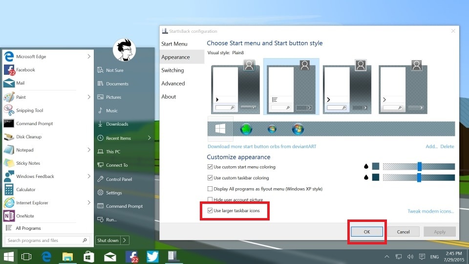 Windows 10 iconos más grandes en la barra de tareas 
