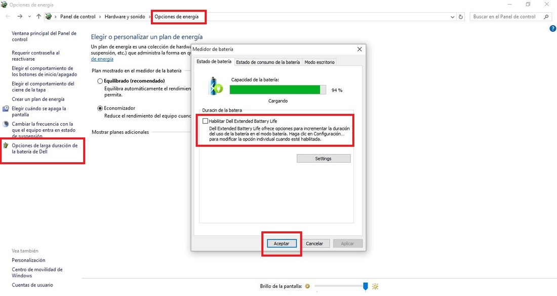 Ahorra bateria Dell en Windows 10