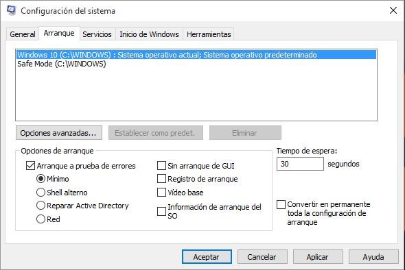 Arranque en modo seguro de Windows 10 para solucionar problema de pantalla negra