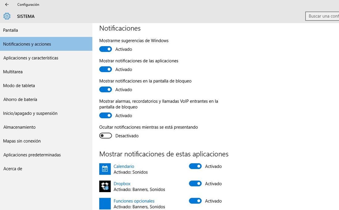 Windows 10 notificaciones configuración