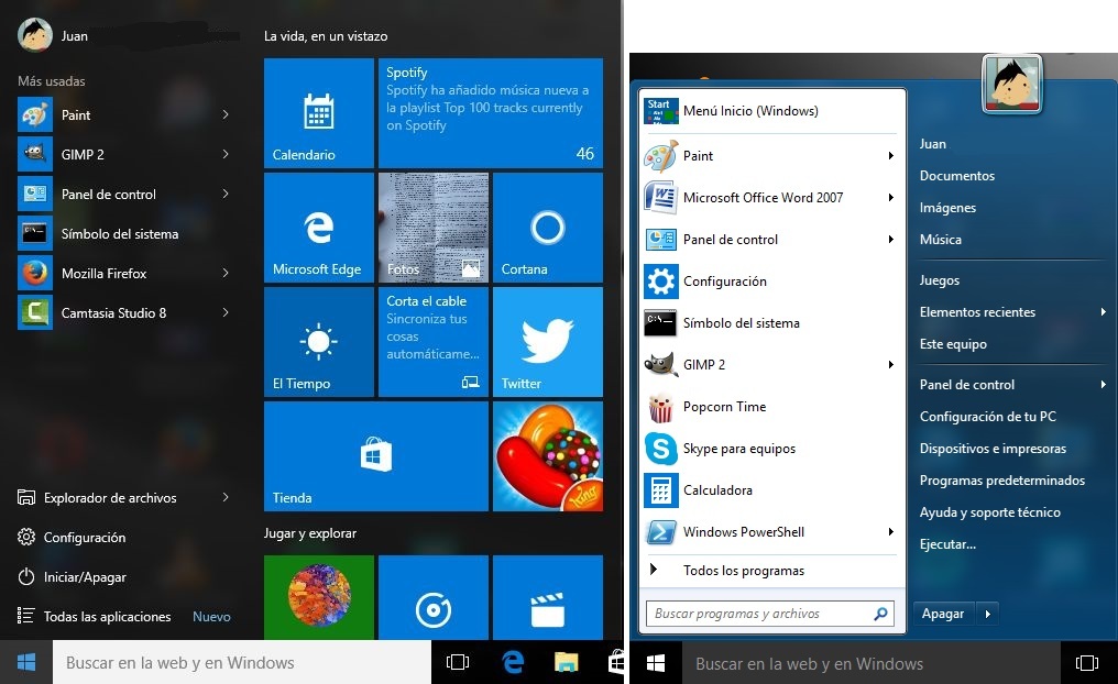 como cambiar el menu de inicio de windows 10 al de windows 7