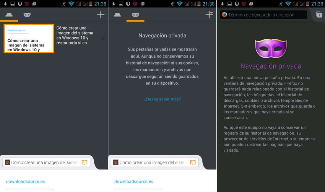 Como usar modo incognito en Firefox 36 para Android