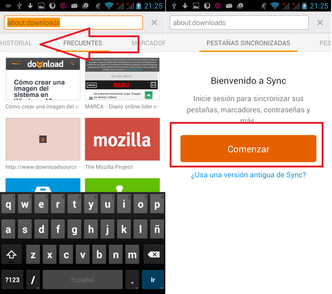 Como sincronizar los datos y pestañas entre los navegadores web de escritorio y navegador Android Firefox 36