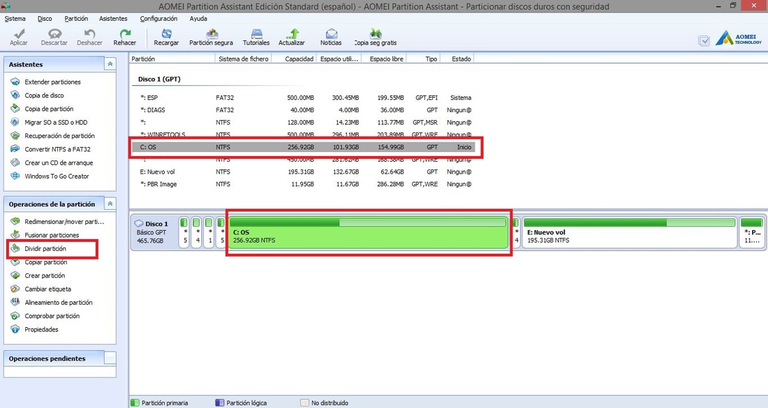 Como crear particiones en Windwos con Aomei