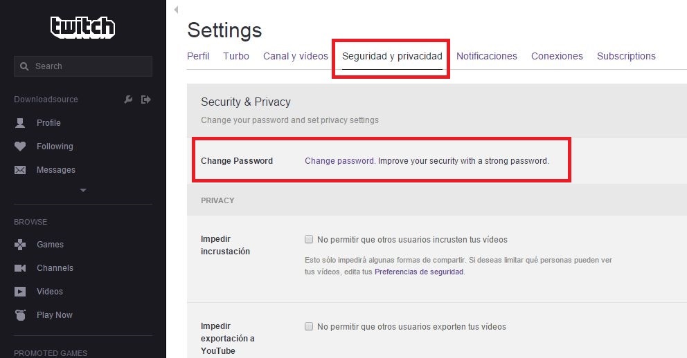 Como mejorar la seguridad de tu cuenta de Twitch cambiando la contraseña de tu perfil
