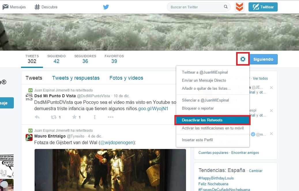 desactivar retweet en Twitter de un usuario