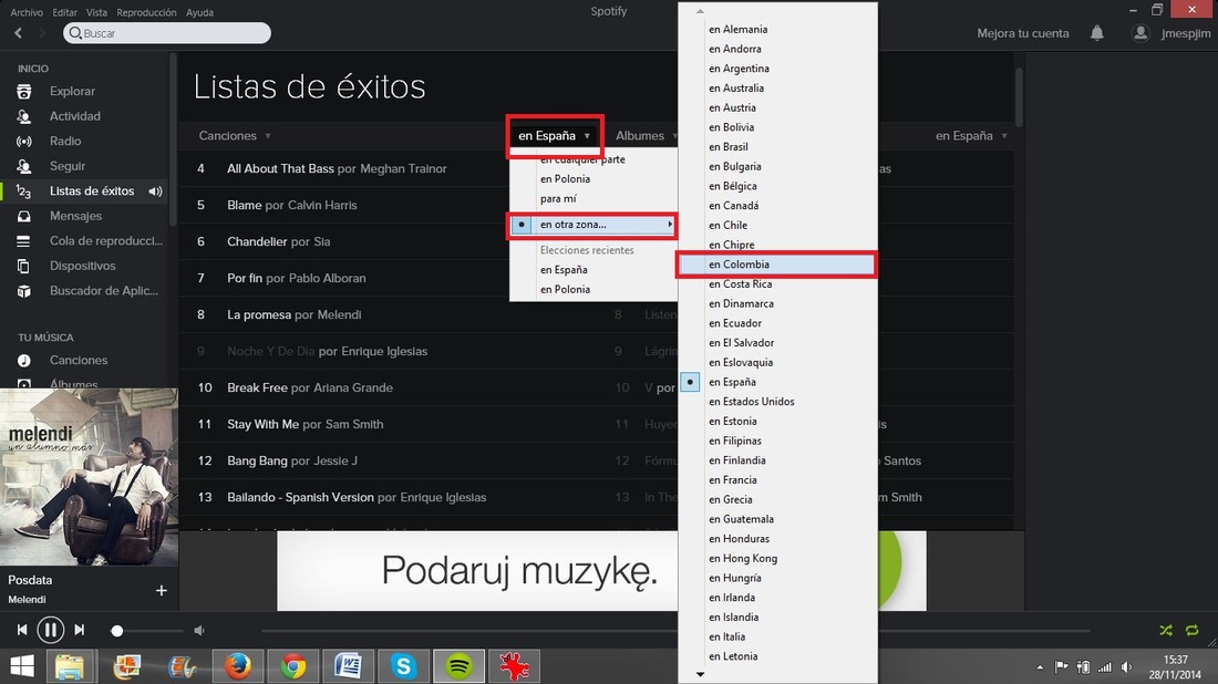 Paises, spotify, reproductor streaming, lista de exitos,