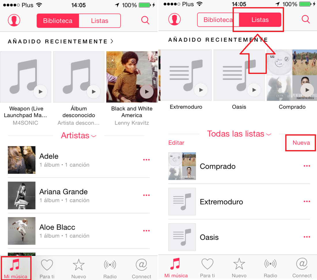 Seccion de listas en la app Música de ios 8.4