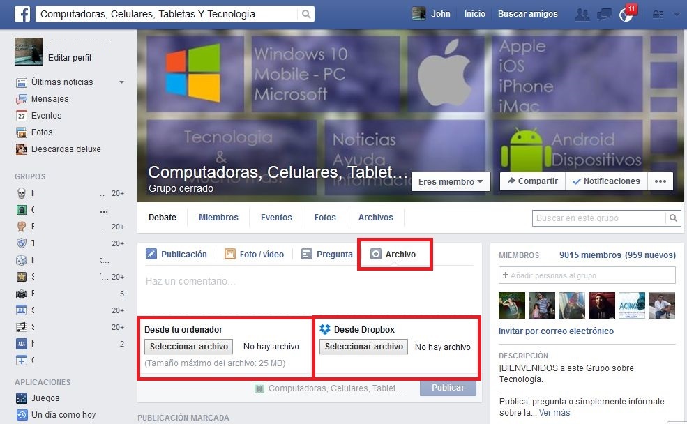 Como poder enviar archivos a traves de un grupo de facebook 