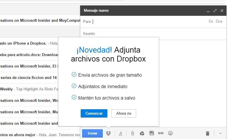 archivos adjuntos de dropbox y gmail